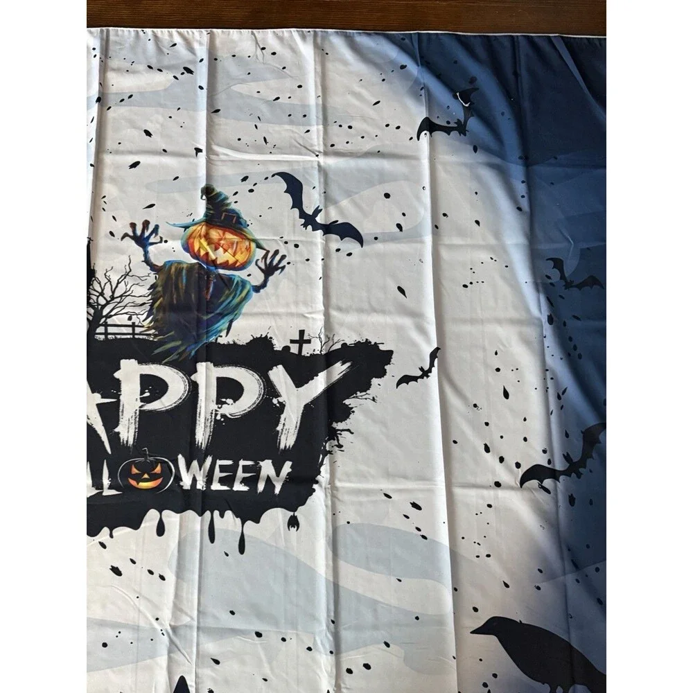 Happy Halloween Cemetery Bats Pumpkin Scarecrow Cloth Banner 59 x 79